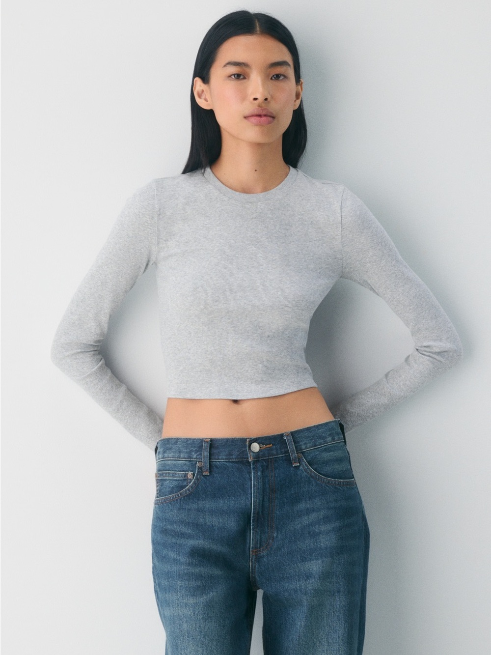 TNA Light Gray Long-Sleeve Crewneck Crop Top